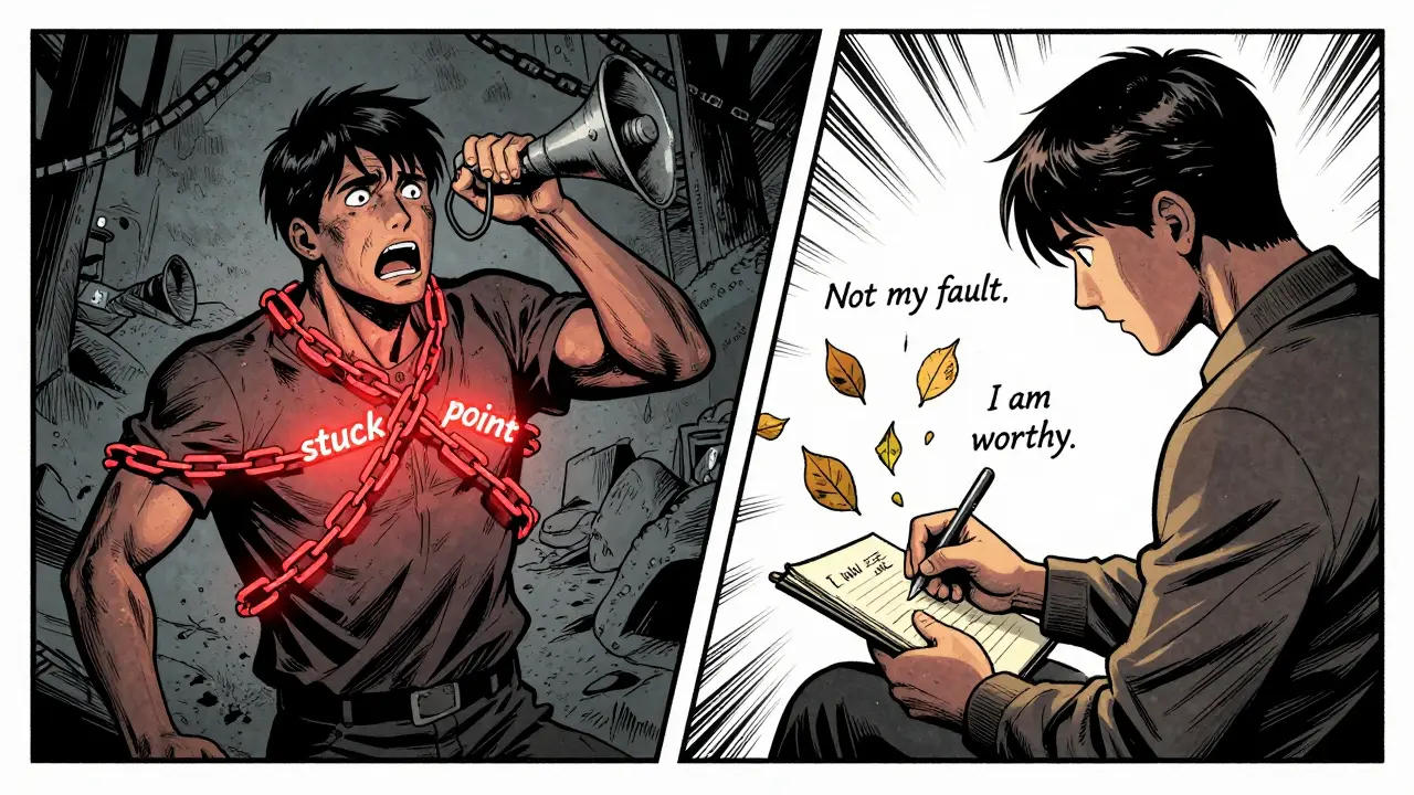 Dvě scény: jedna ukazuje člověka zafixovaného strachem, druhá ho osvobozeného, když se jeho negativní přesvědčení rozpadají.