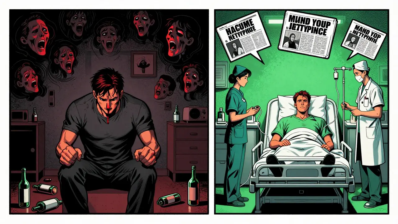 Dvě scény: muž doma s halucinacemi a stejný muž v léčebně s péčí, znázorňující rozdíl mezi nebezpečím a bezpečím.