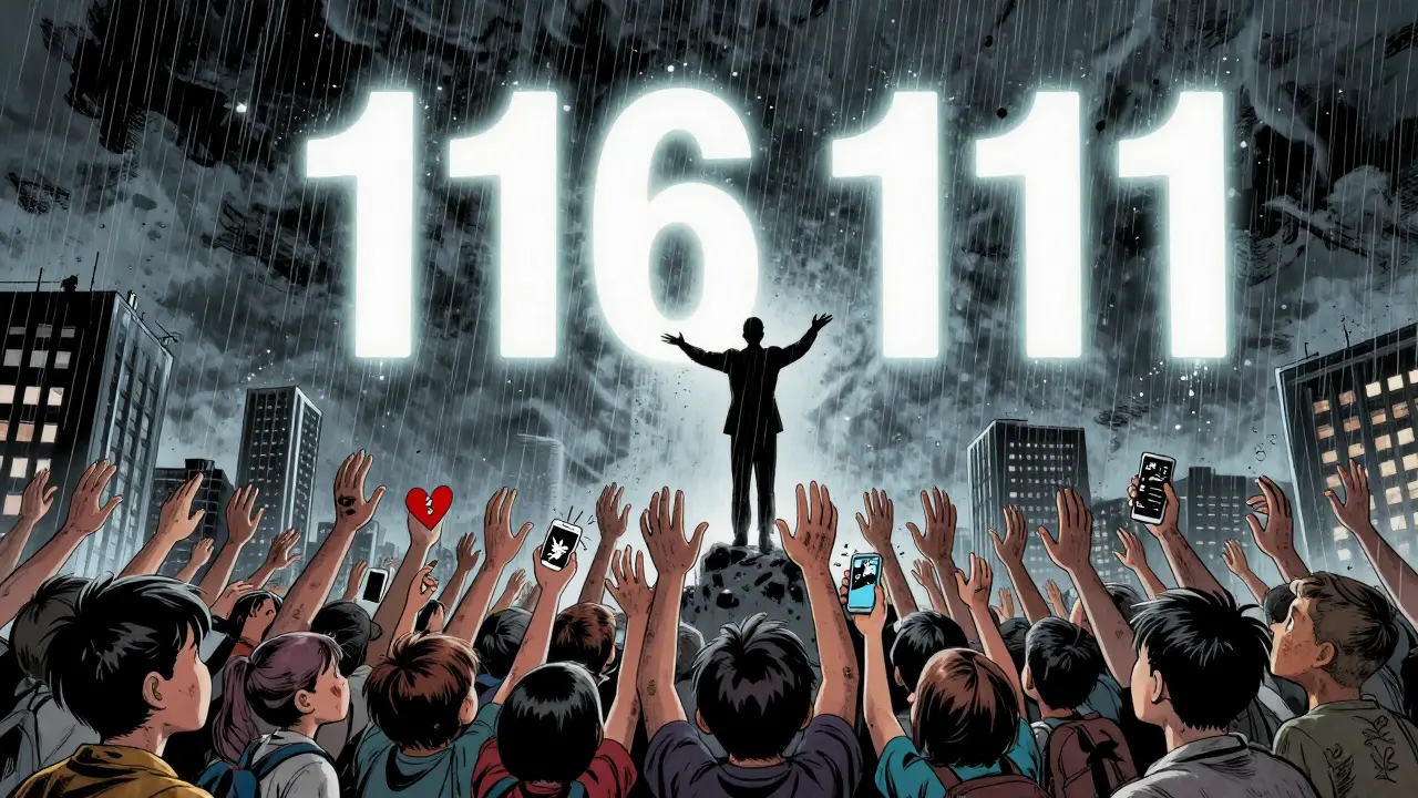 Glowing emergency number 116 111 rising above a city as hundreds of hands reach toward it for support.