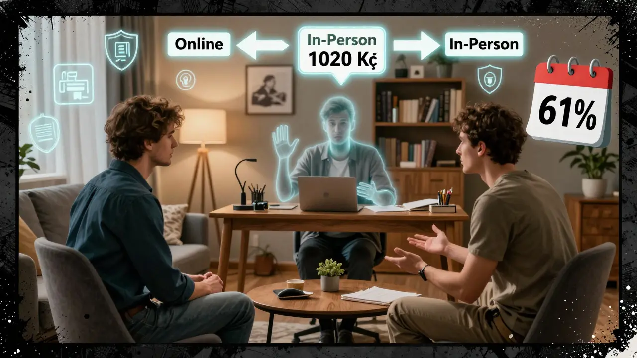 Hybridní terapie: klient online a jeho odrážející sezení osobně, s cílem ukázat úsporu a efektivitu kombinovaného přístupu.