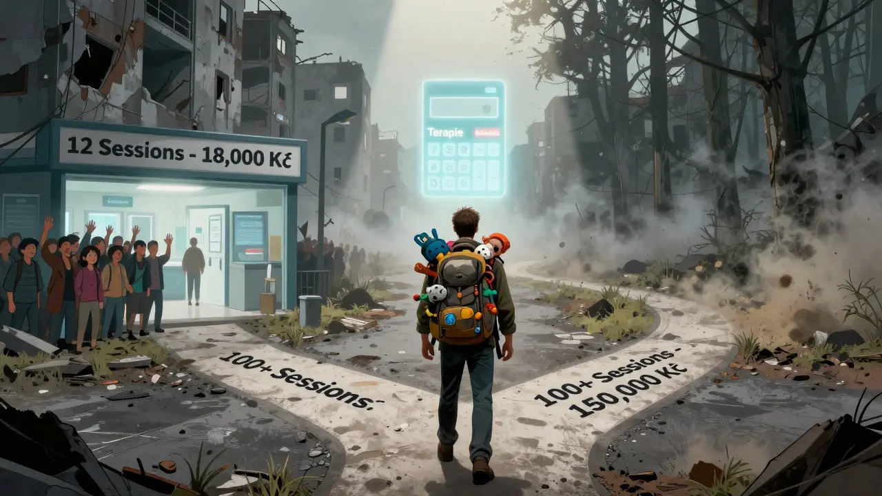 Muž na křižovatce mezi krátkodobou a dlouhodobou terapií, s kalkulačkou jako náznakem budoucnosti.