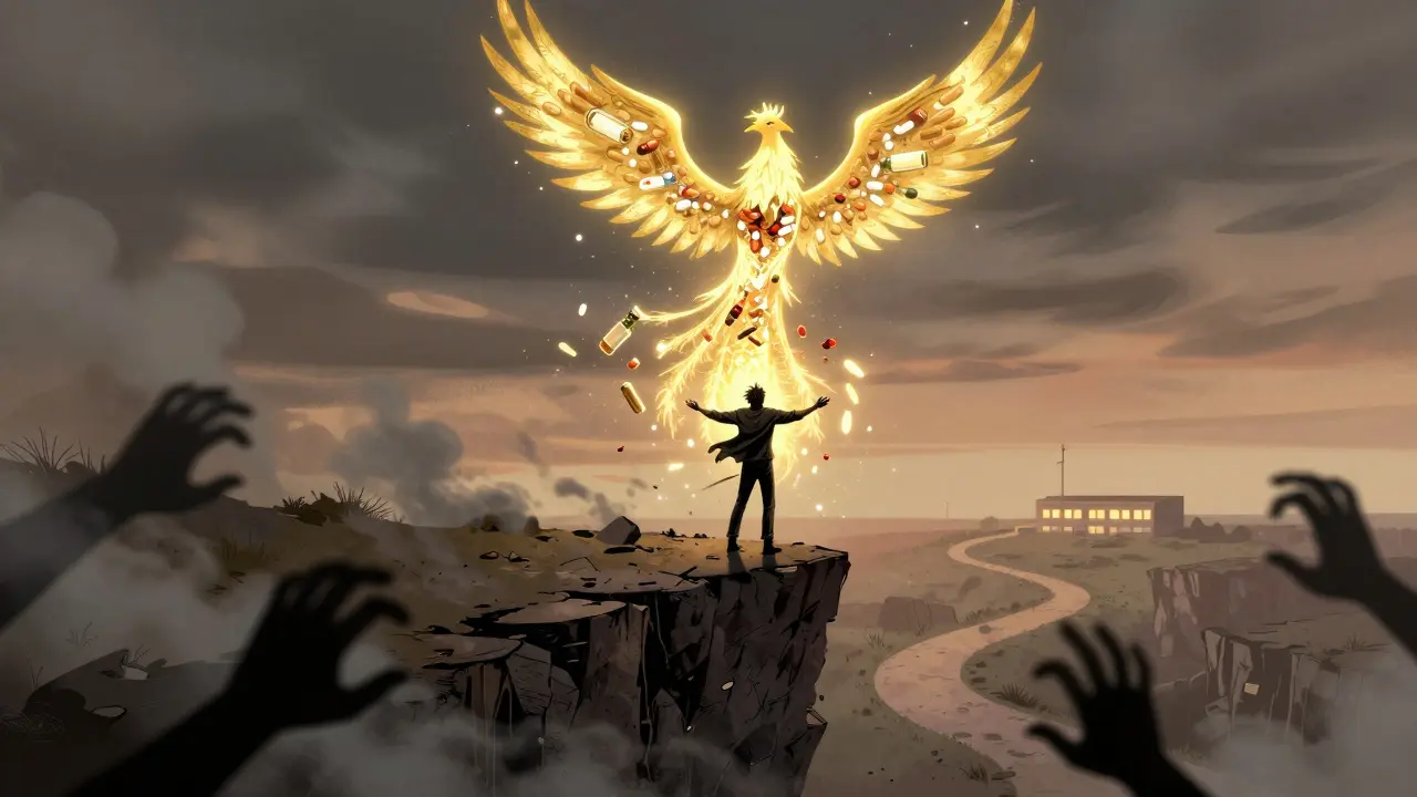 Muž na okraji propasti, za ním vzniká fénix z látek, zatímco stíny ho táhnou zpět, cesta k léčbě v pozadí.