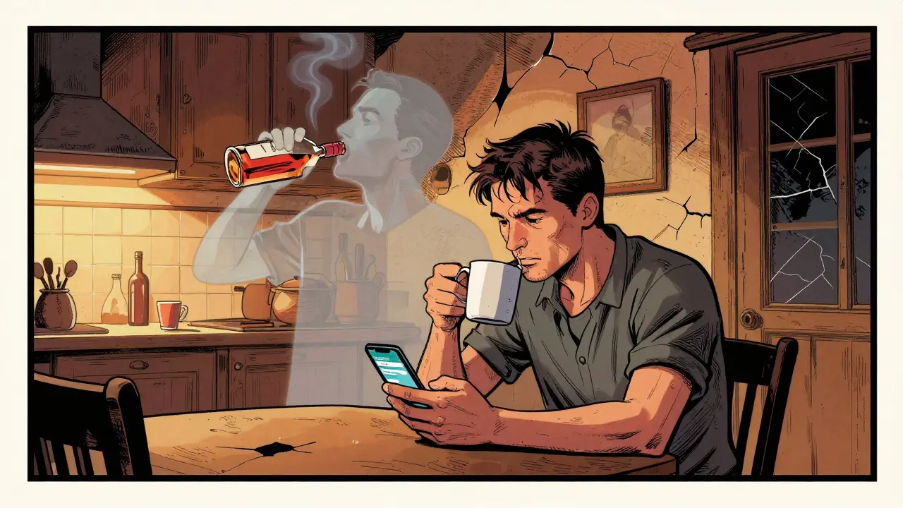 Muž sedí u stolu s kávou a smartphoneem, za ním duchovní podoba se opíjí alkoholem.