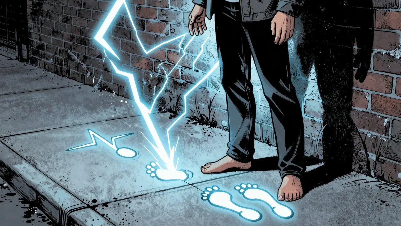Muž stojí bosý na ledovém chodníku, ruka na zdi, z jeho těla vychází chladná energie a zářící stopy zemňování.