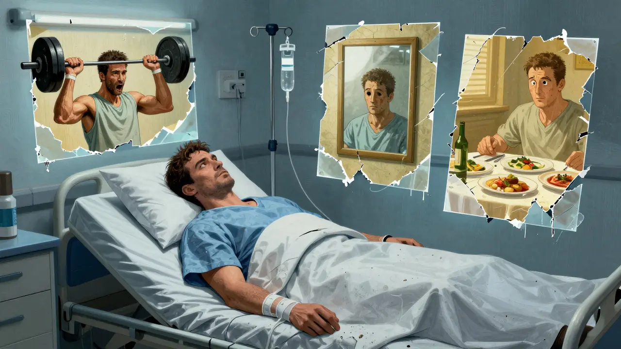 Muž v nemocniční posteli s přehledem svých traumat v průhledných panelech kolem něj.