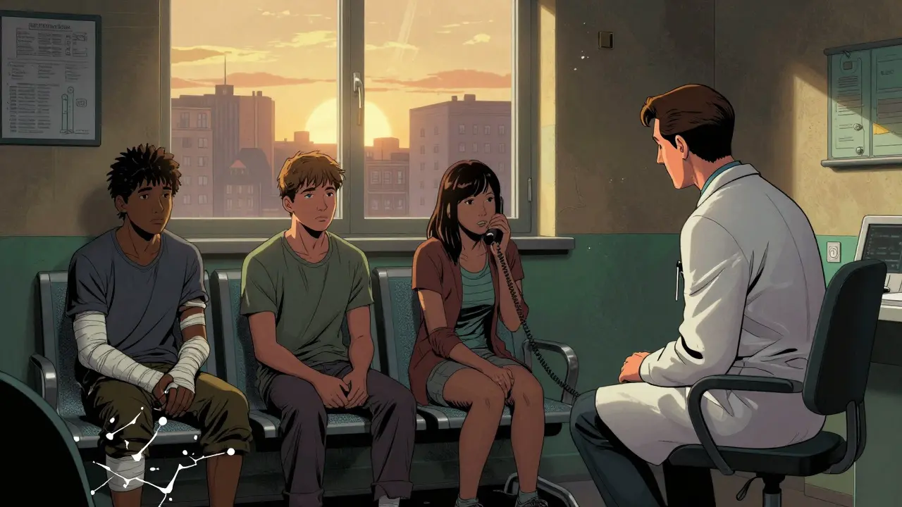 Psychiatrická pohotovost v nemocnici, tři pacienti a lékař, za oknem vychází slunce, symbolické rámy rozpadají stigma.