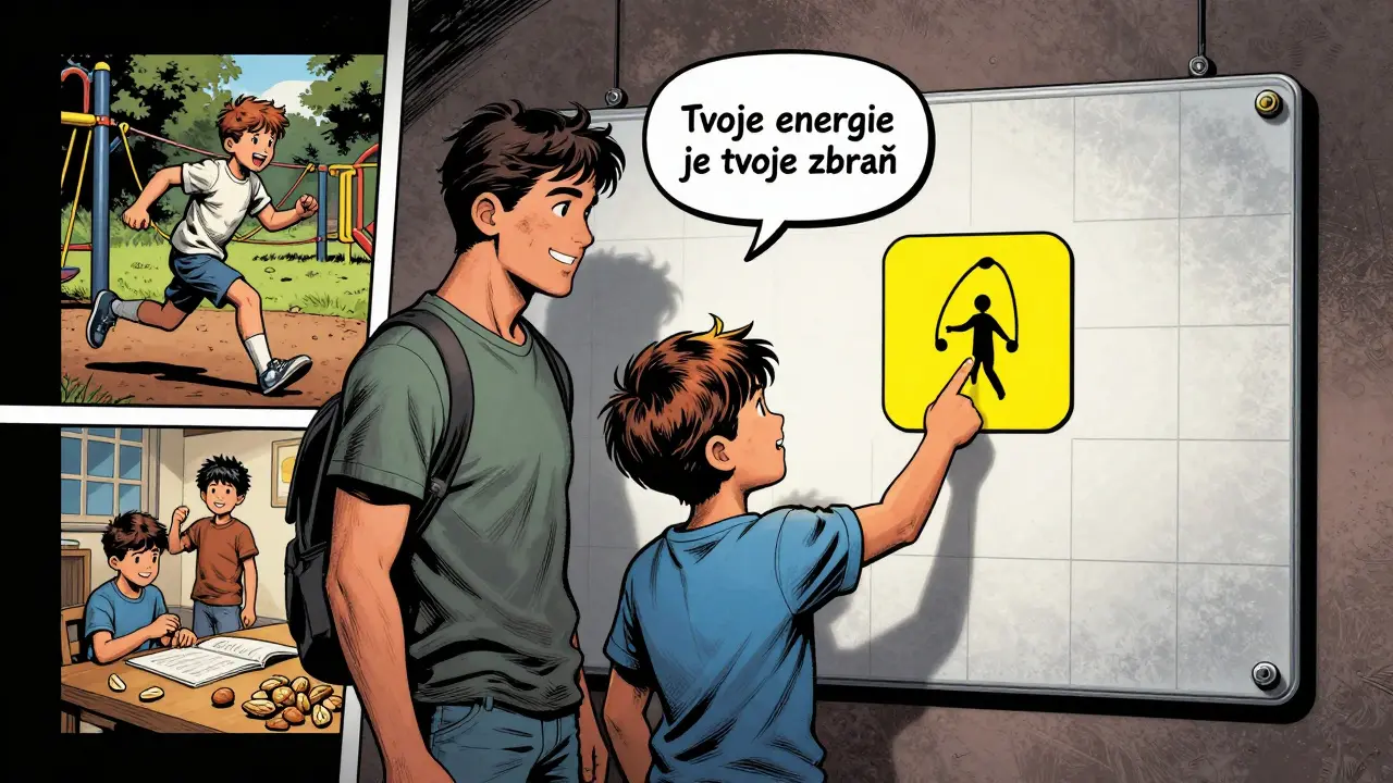 Rodič a dítě společně sledují magnetický plánovač s ikonami pohybu a úkolů, v pozadí scény s aktivitami.