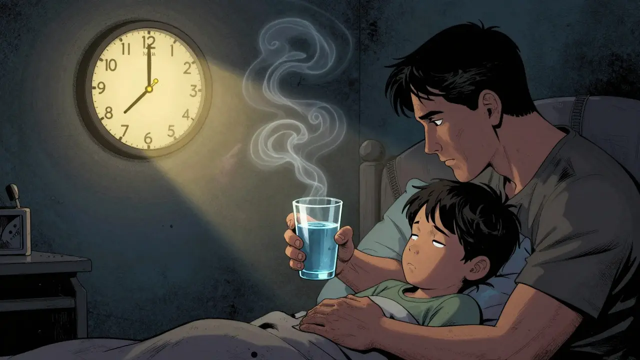 Rodič probouzí dítě před nočním děsem, drží sklenici vody, v místnosti jsou bezpečnostní opatření.