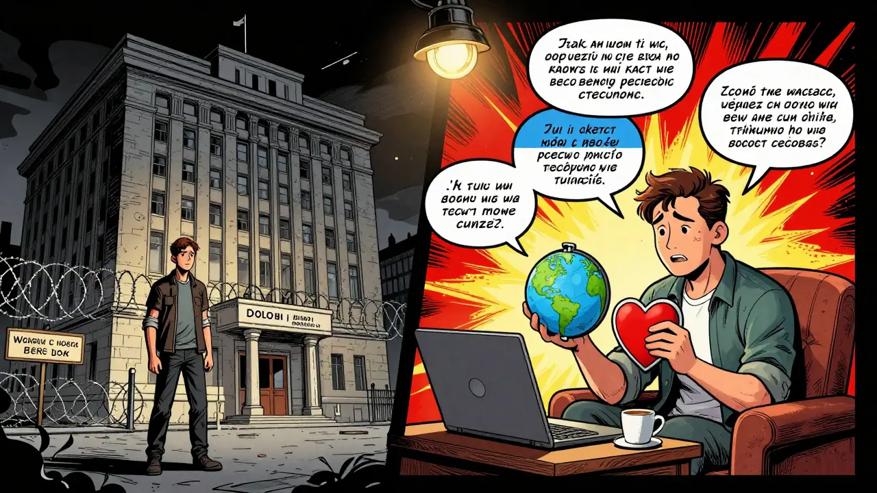 Rozdělený scénář: expat před českým úřadem vs. expat v klidu během online terapie s terapeutem držícím globus.