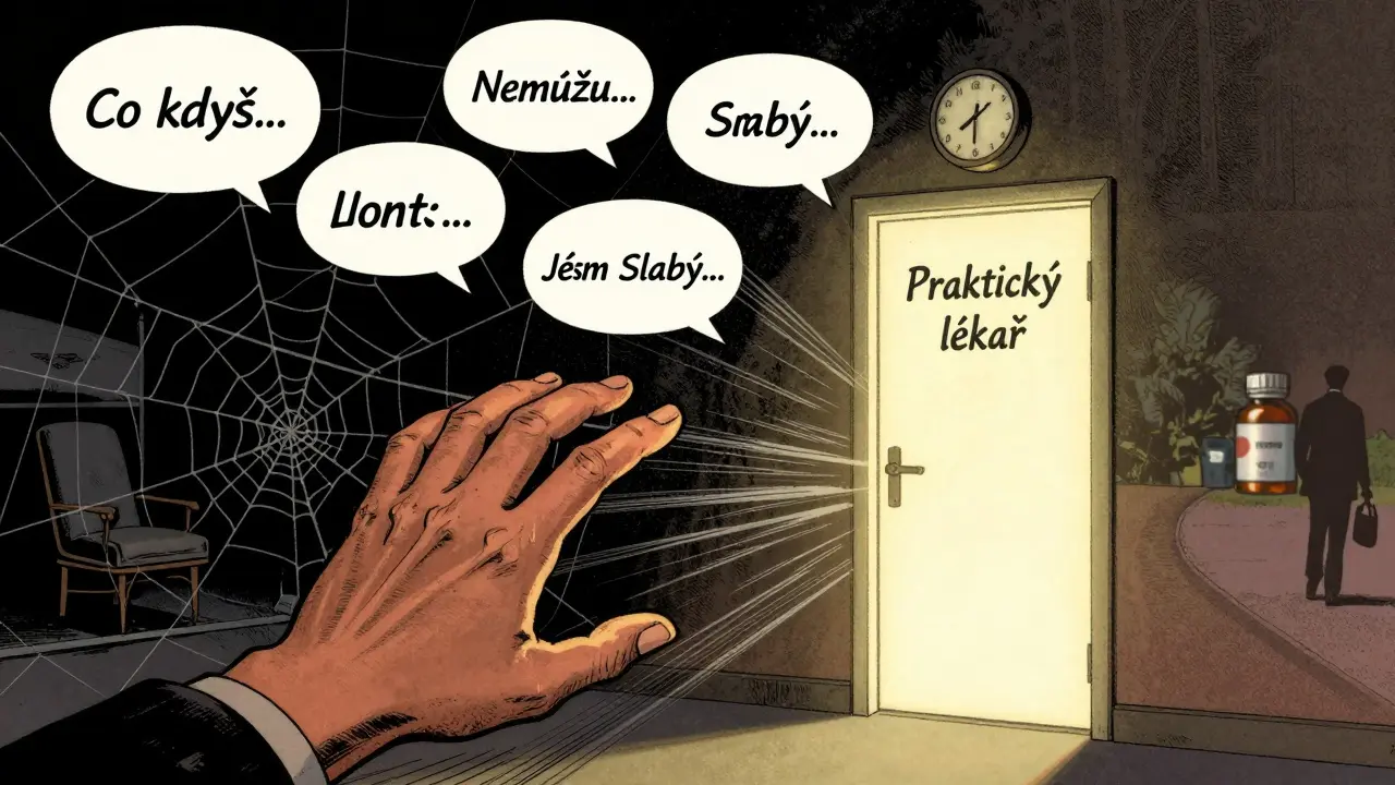Ruka se táhne k dveřím s nápisem 'Praktický lékař' přes pavučinu negativních myšlenek.