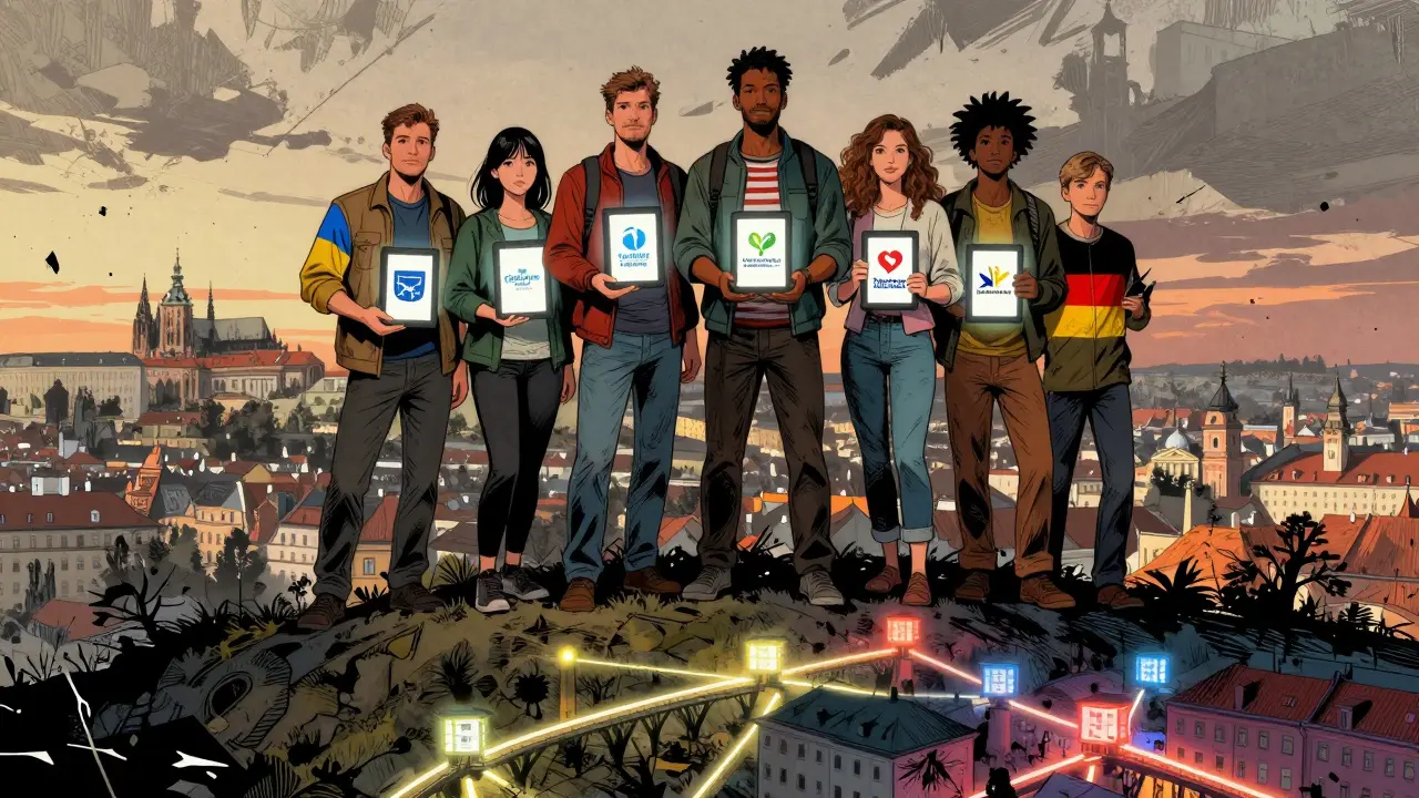 Různí expati stojí na kopci nad Prahou, drží tablety s logy terapeutických platform, město kolem nich získává barvy a spojení.