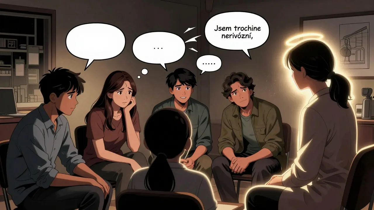 Skupina lidí v terapii, kde jeden říká, že je nervózní, a terapeut reaguje klidně.