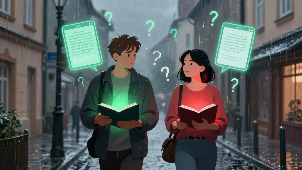 Terapeut a klient jdou po pražské ulici v dešti, každý drží deník, který září, zatímco dešťové kapky se mění v otazníky a nad nimi plavou AI symboly.