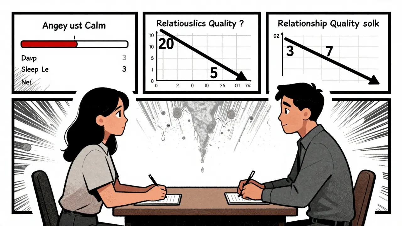 Terapeut a pacient společně sledují vizuální ukazatele změny nálady, spánku a vztahů.