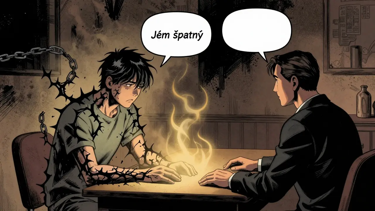 Terapeut a pacient v místnosti, kde černé řetězy z nejistoty postupně mizí pod zlatou září soucitu.