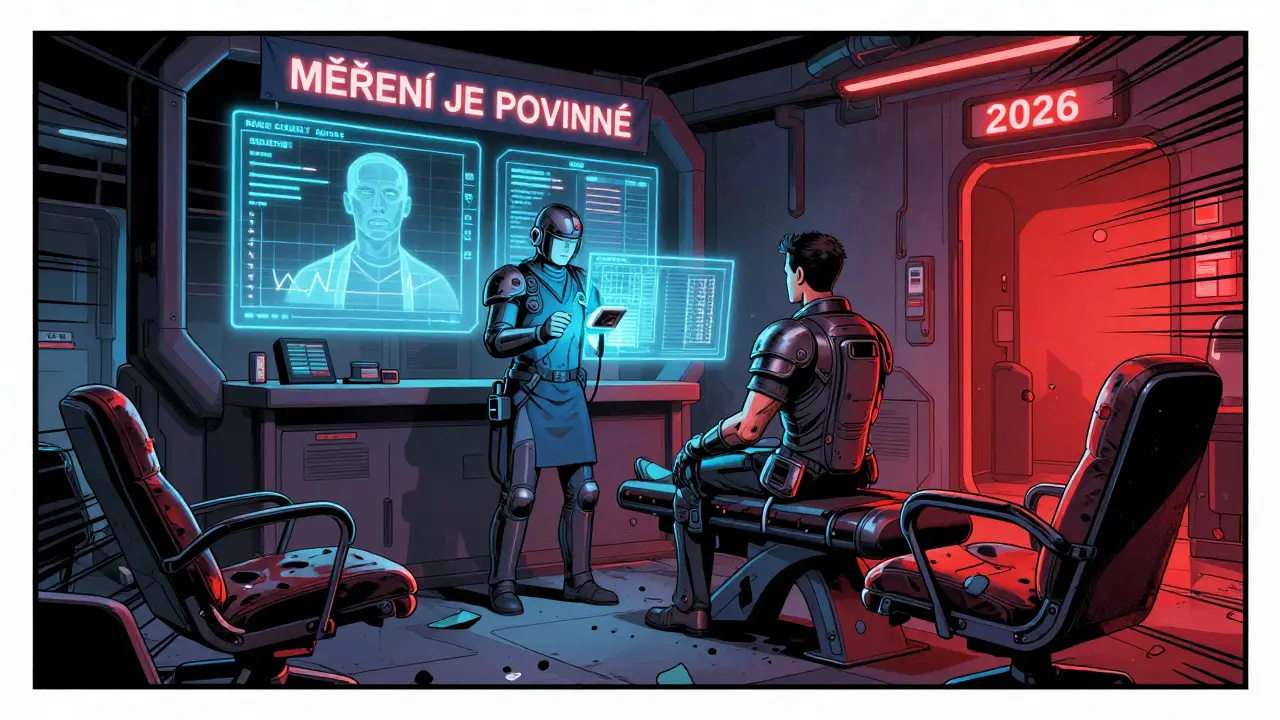 Terapeut v budoucnu skenuje klienta, hologramy ukazují pokrok, za nimi ruiny starých terapeutických metod.