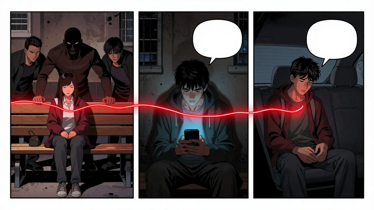 Three teens in isolated moments connected by a glowing telephone line, symbolizing silent cries for help.