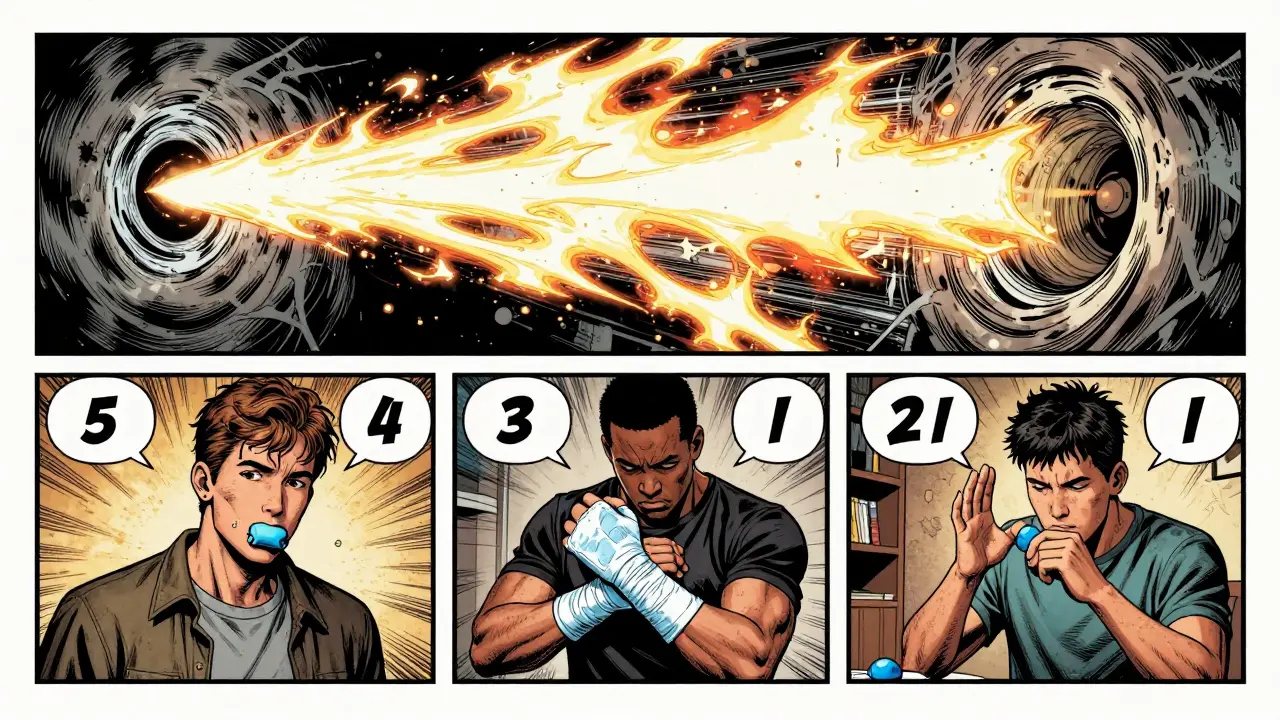 Tři lidé používají různé grounding techniky — žvýkačka, led, počítání barev — s čísly 5-4-3-2-1 jako energie, která je vytahuje z trauma.