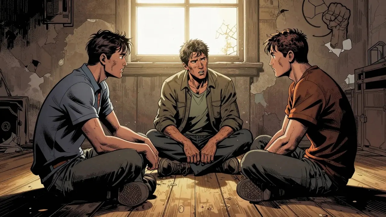 Tři muži sedí v kruhu v terapii, jeden mluví, ostatní naslouchají s emotivními výrazy.