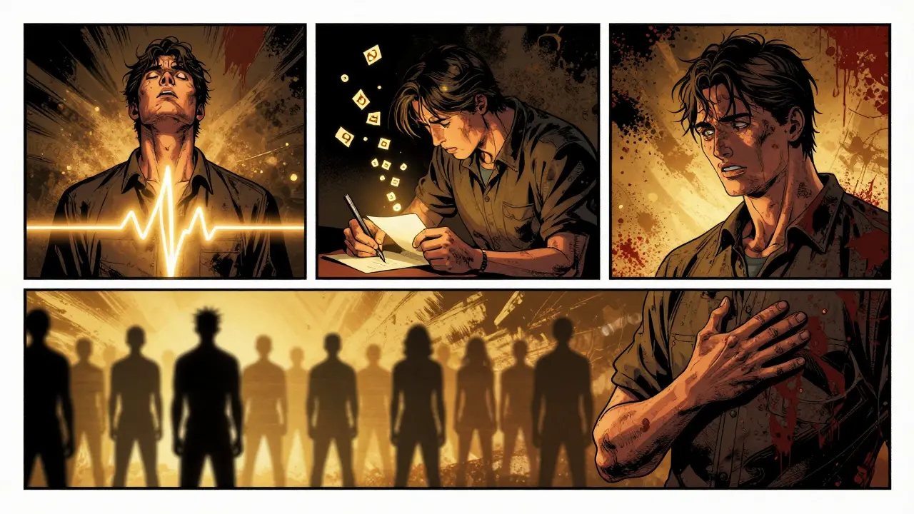 Tři scény: dýchání, psaní dopisu a dotek hrudníku, vše s tmu a zlatým světlem symbolizujícím lidskou společnost.