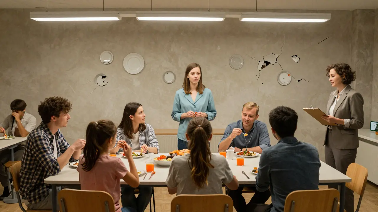 V terapeutické skupině jídlí rodiny společně, terapeut pozoruje, jedna dívka jí, jiná se bojí, v pozadí zničené stěny jako metafora boje.