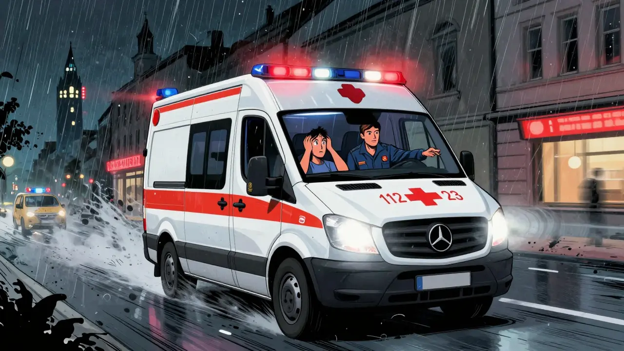 Záchranná ambulance jede noční ulicí, pacient uvnitř trpí, záchranář mu podává ruku, na dashboardu svítí krizová čísla.