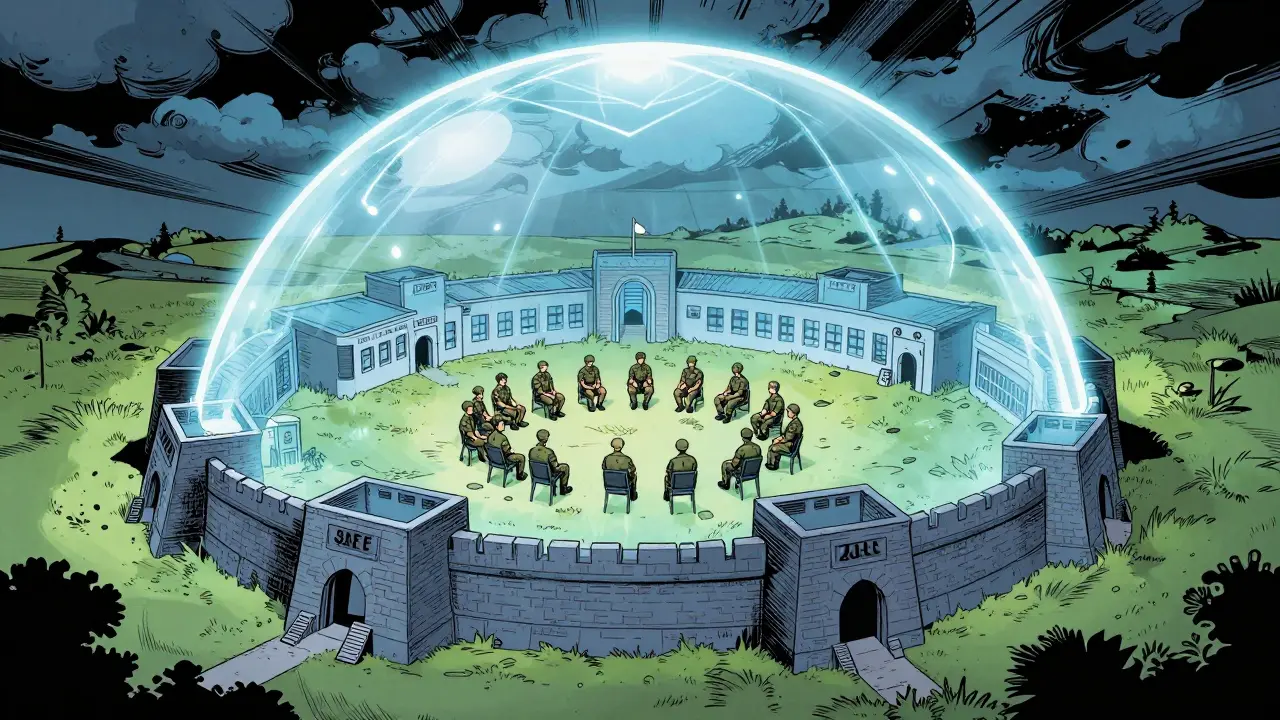 Bezpečný prostor terapeutické komunity chráněný před vnějšími vlivy.