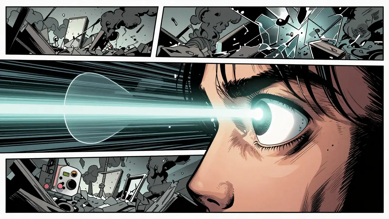 Detail oka a fragmenty vzpomínek znázornující proces EMDR terapie v komiksovém stylu.