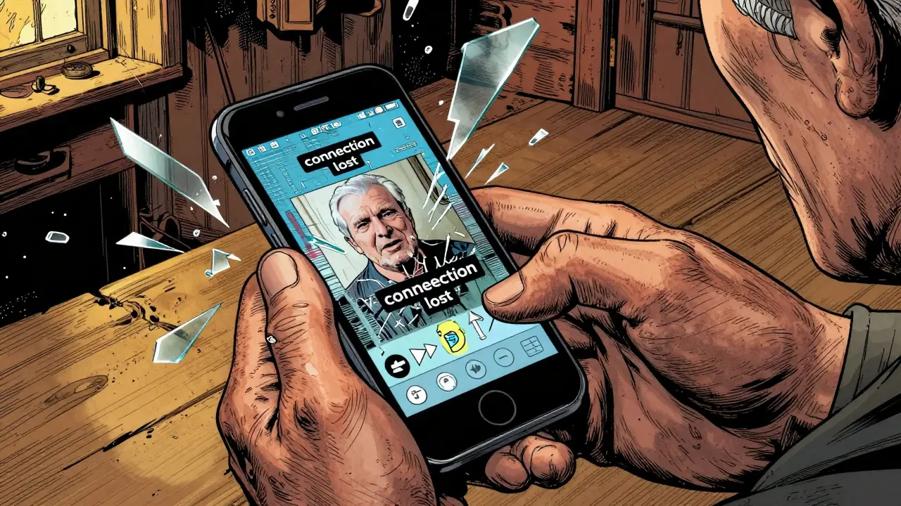 Detail rukou staršího člověka s chytrým telefonem znázornující technické potíže s videohovorem.