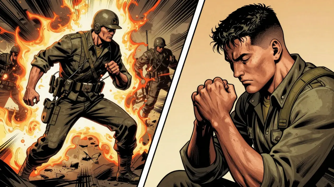 Detail stisnuté pěsti vojáka znázornující tělesné napětí v komiksovém stylu.