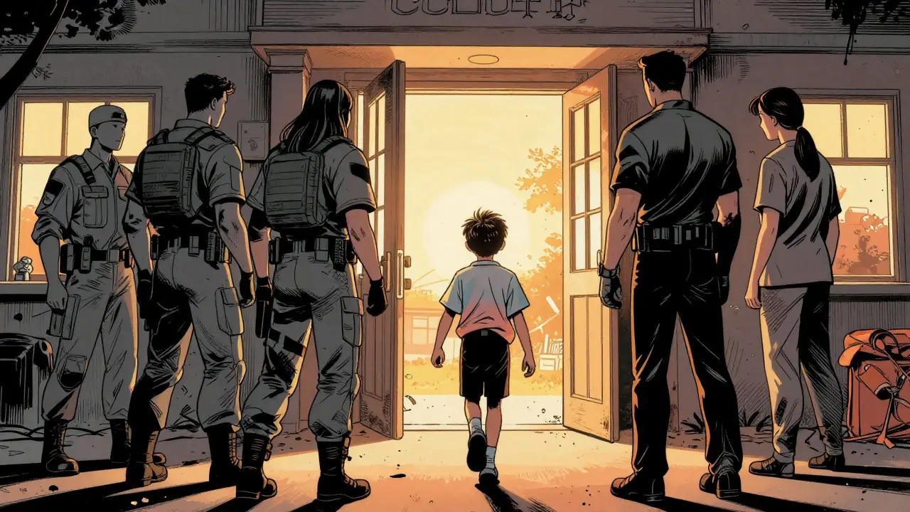 Dítě doprovázené rodičem a pedagogy při postupném návratu do školy v teplém světle.