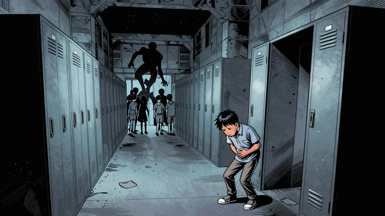 Dítě v okulní chodbě, která vypadá jako drtivá pevnost, symbolizující sociální úzkost.