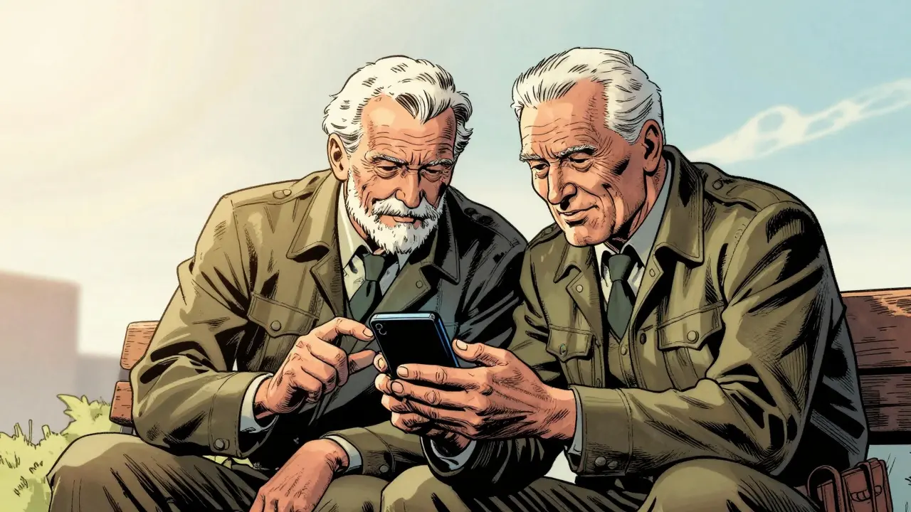 Dva senioři spolu radostně sdílejí zkušenosti s technologií v komiksovém stylu.