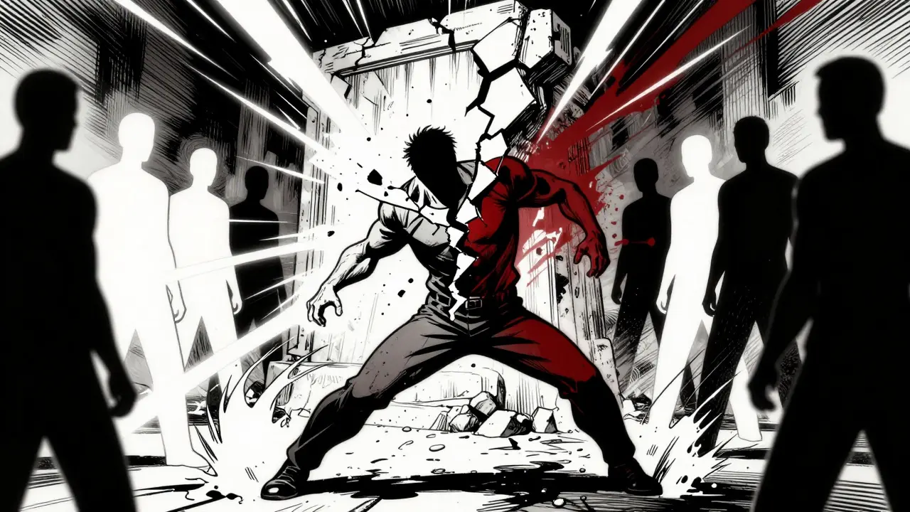 Dynamický obraz člověka v komiksovém stylu, který se vnímá a vnímá ostatní pouze jako černé nebo bílé entity.