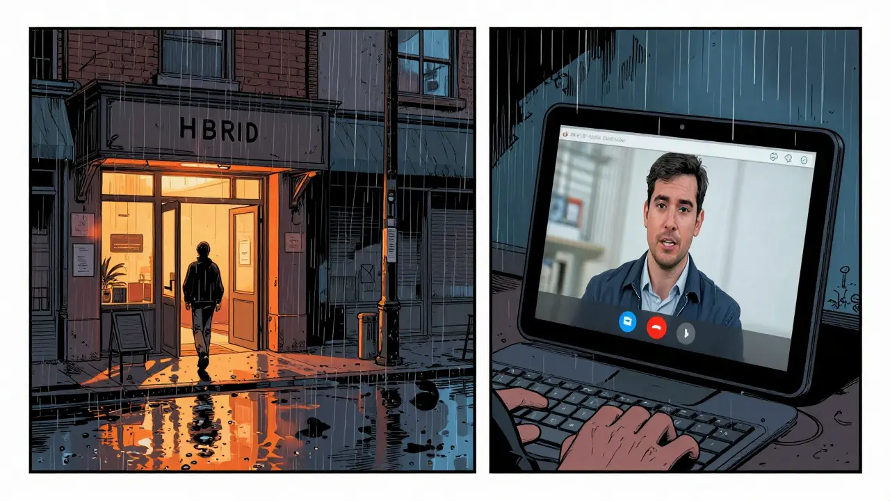 Kombinace osobní návštěvy terapeuta a online konzultace v městském prostředí.