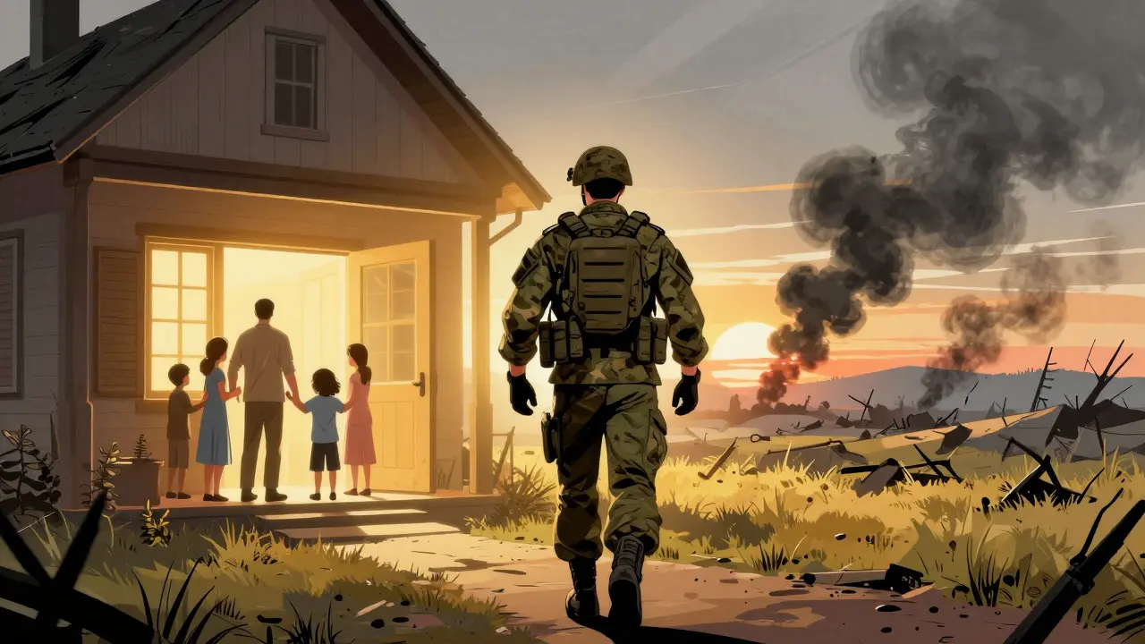 Komiksová ilustrace vracejícího se vojáka do náruče rodiny jako symbol uzdravení.