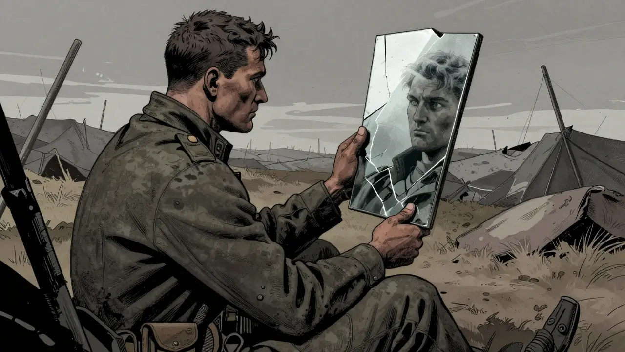 Komiksová scéna symbolizující integraci a přijetí šedé zóny s využitím různých odstínů šedi a tlumených barev.