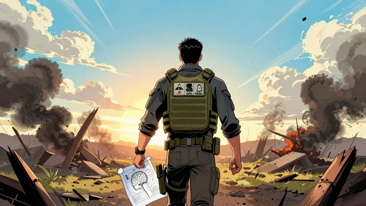 Komiksový obraz člověka vítězně odcházejícího z bitevního pole deprese k lepší budoucnosti.