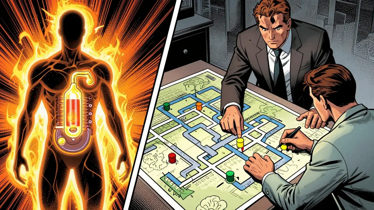 Komiksový obraz kombinované léčby: lék jako startovací motor a terapie jako strategický plán.