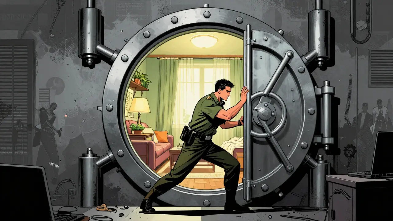 Komiksový obraz osoby, která uzavírá bránu mezi stresující prací a klidným domovem.