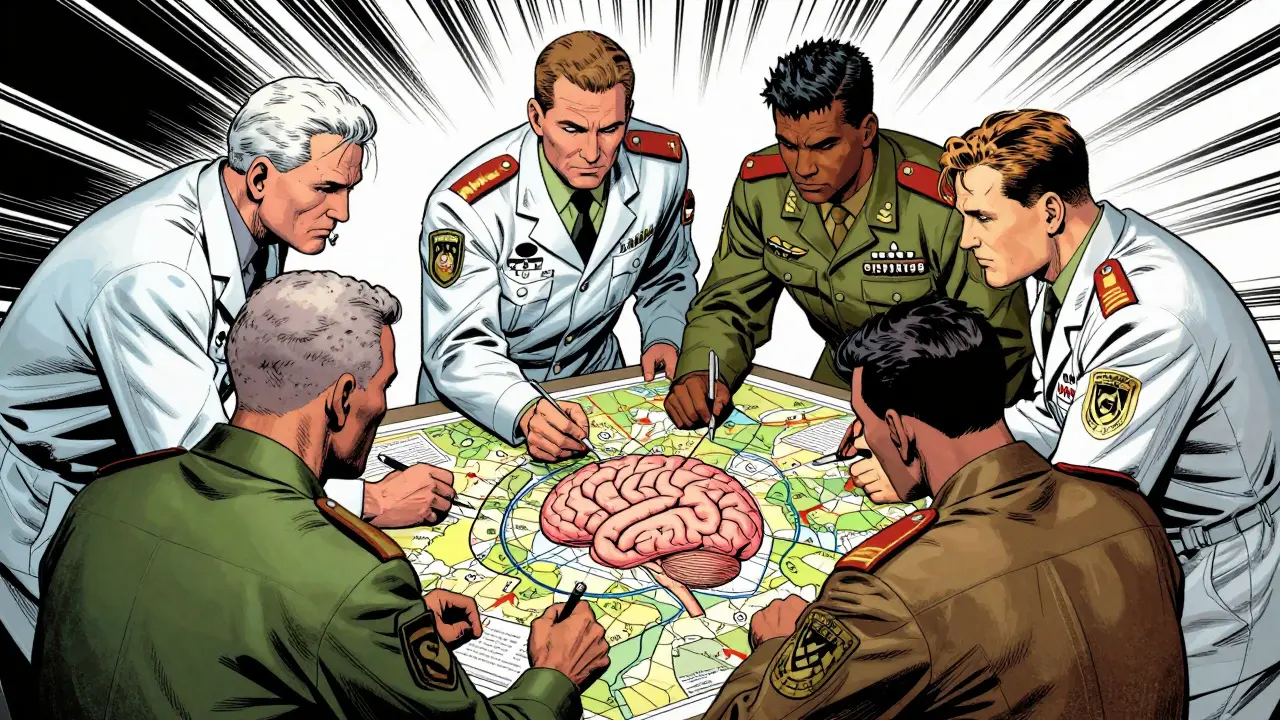 Komiksový obraz týmu odborníků plánujících integrovanou léčbu jako vojenskou strategii.