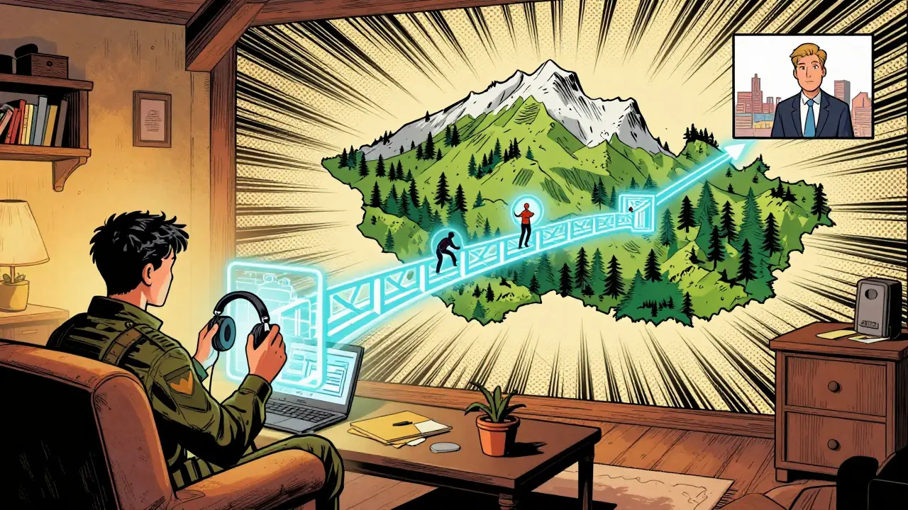 Konceptuální most spojující klienta v domovním prostředí s odborným terapeutem v městě.