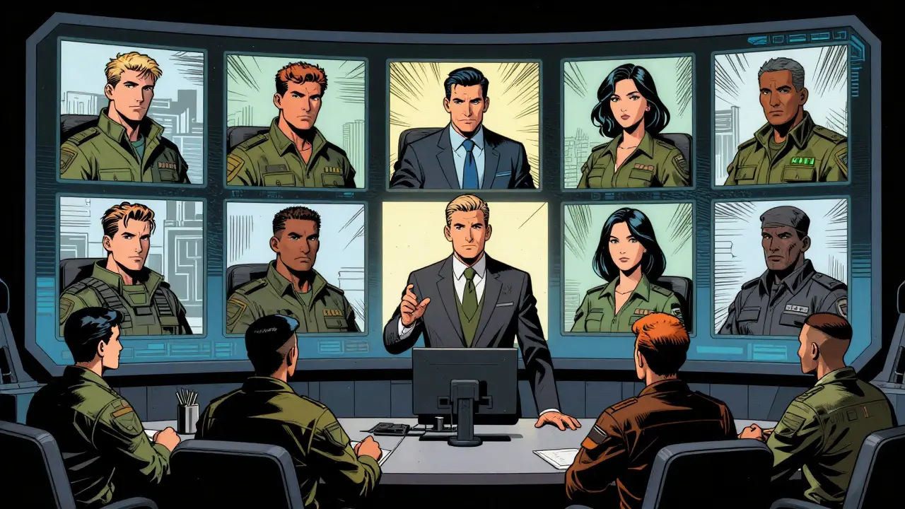 Kvalifikovaný terapeut v online skupině s členy v oknech videokonference.