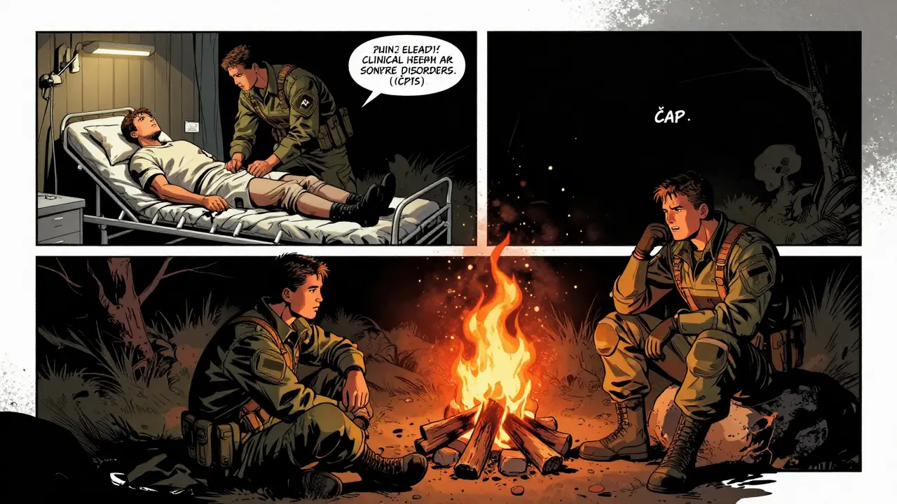 Metafora léčebné péče v nemocnici a osobního růstu ucampfire v komiksovém stylu.