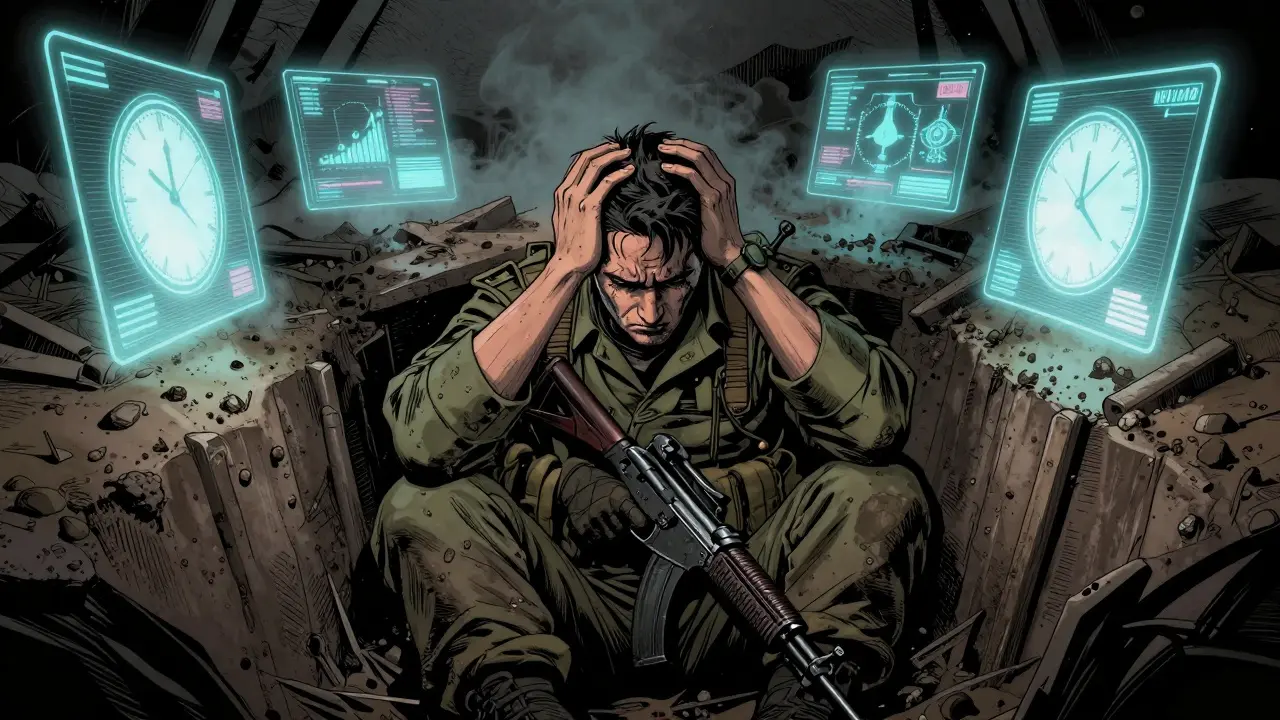 Muž v zákopech v komiksovém stylu, obklopen digitálními obrazovkami, symbolizující vyhoření.