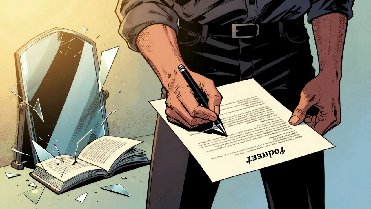 Osoba podepisující své svědectví jako symbol uzdravení a uzavření kapitoly.