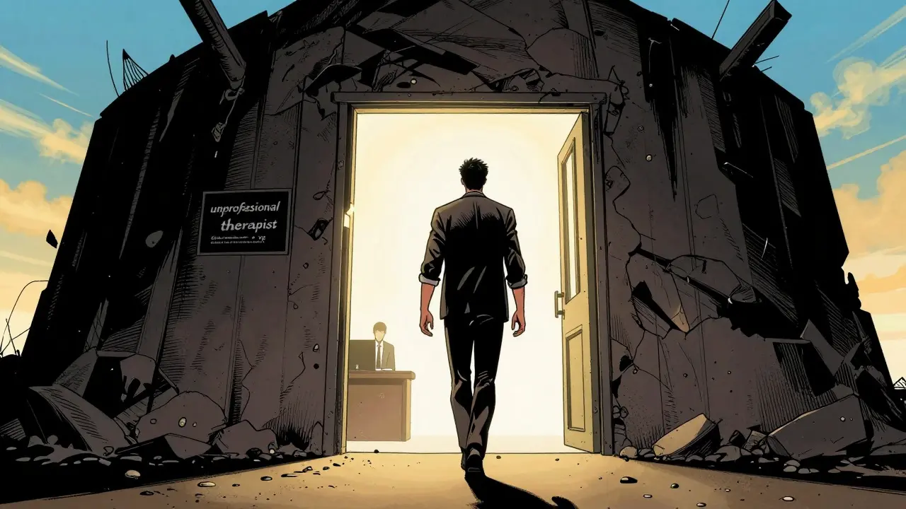 Osobní osvobození a odchod od neprofesionálního terapeuta do světla v stylu komiksu.