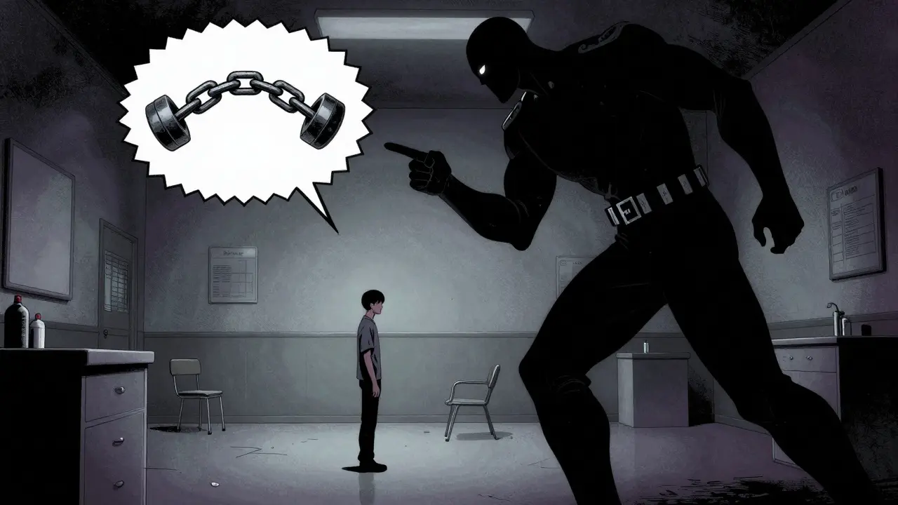 Pacient zmenšený před dominantní postavou představující stigma.