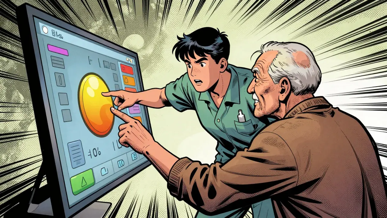 Pečovatel pomáhá seniorovi s ovládáním digitálního rozhraní ve stylu válečného komiksu.