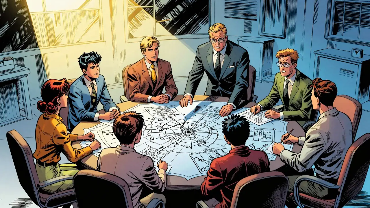 Rodina a terapeut v místnosti připomínající strategický štáb při řešení konfliktů.